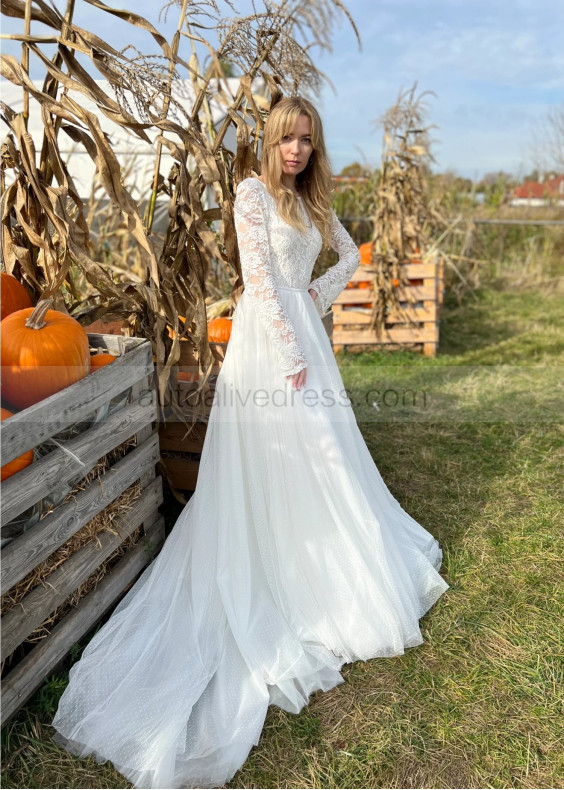 Long Sleeves Ivory Lace Polka Dots Tulle Boho Wedding Dress Long Sleeves Ivory Lace Polka Dots Tulle Boho Wedding Dress